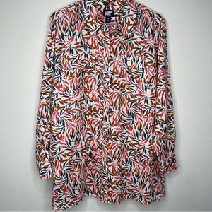 Lands' End Women Leaf Print Collared Long Sleeve Pockets Linen Tunic Blouse 1X
